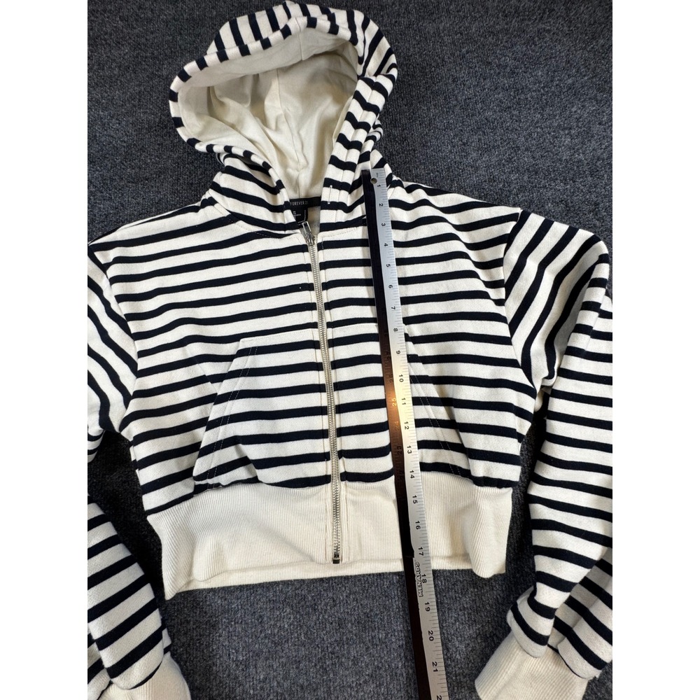 Forever 21 Striped Cropped Zip Up Hoodie Black Cream Small Sweatshirt - Picture 4 of 5